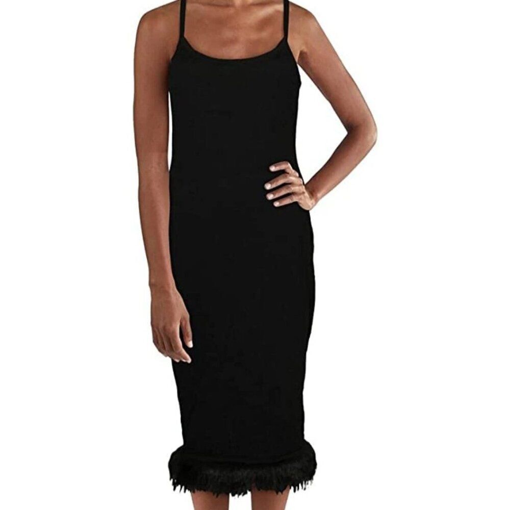 Danielle Bernstein Black Slip Dress w. Faux Fur Trim Size Large Retro 90s Goth